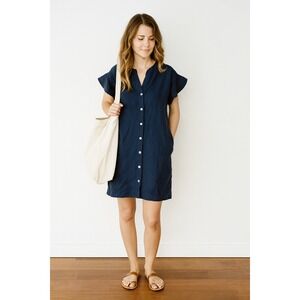 Sancia anthropologie blue linen button‎ front ruffle sleeves size XS vacation